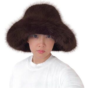 Oversized Winter Faux Fur Bucket Hat for Women Dark Brown